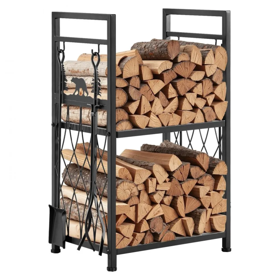 VEVOR Indoor Firewood Rack, 1.3 ft 2-Tier Firewood Holder with Fireplace Tools, Brush, Shovel, Poker, Tongs, Heavy Duty Log Wood Rack, 400 lbs Weight Capacity, Wood Pile Storage Stacker for Fire Pit
