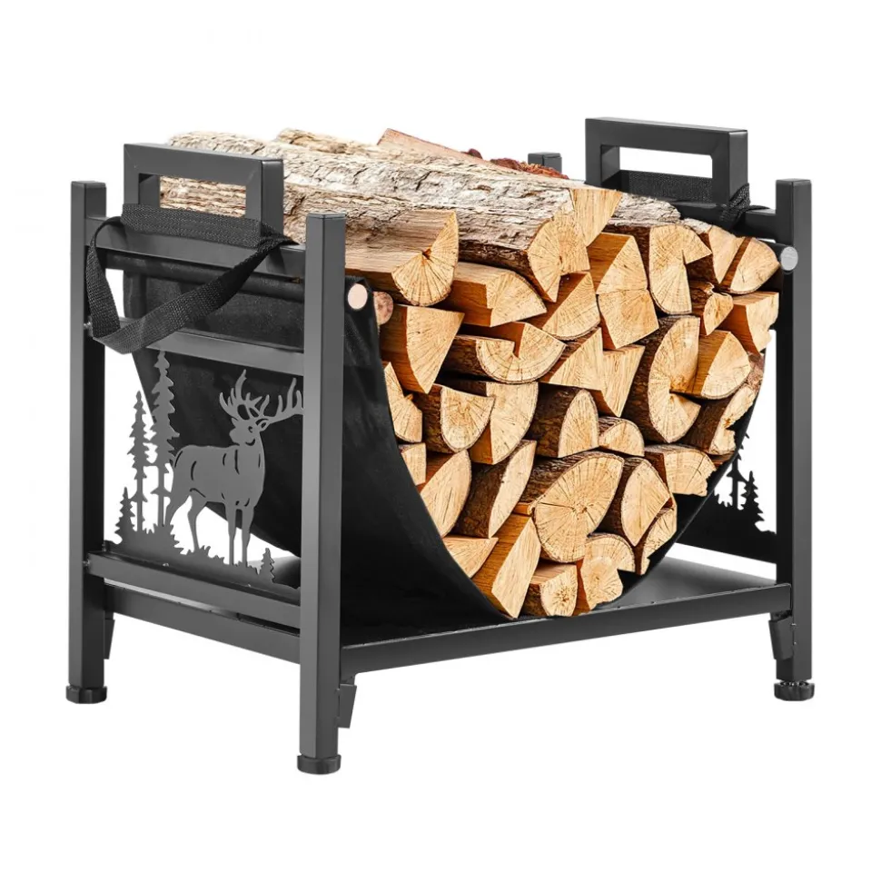 VEVOR Indoor Firewood Rack, 1.5 ft Curved Log Holder with Canvas Carrier, 40lb Weight Capacity Wood Storage Stand, Powder-Coated Steel Firewood Holder, Heavy Duty Wood Pile Stacker Rack for Fireplace