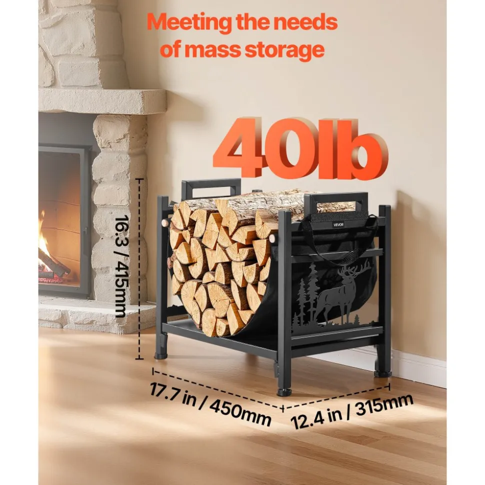 VEVOR Indoor Firewood Rack, 1.5 ft Curved Log Holder with Canvas Carrier, 40lb Weight Capacity Wood Storage Stand, Powder-Coated Steel Firewood Holder, Heavy Duty Wood Pile Stacker Rack for Fireplace