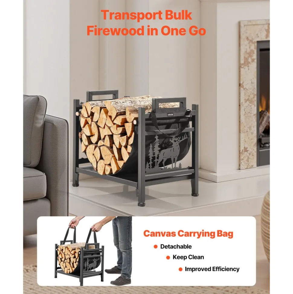 VEVOR Indoor Firewood Rack, 1.5 ft Curved Log Holder with Canvas Carrier, 40lb Weight Capacity Wood Storage Stand, Powder-Coated Steel Firewood Holder, Heavy Duty Wood Pile Stacker Rack for Fireplace