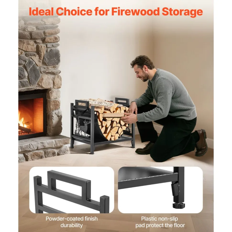 VEVOR Indoor Firewood Rack, 1.5 ft Curved Log Holder with Canvas Carrier, 40lb Weight Capacity Wood Storage Stand, Powder-Coated Steel Firewood Holder, Heavy Duty Wood Pile Stacker Rack for Fireplace