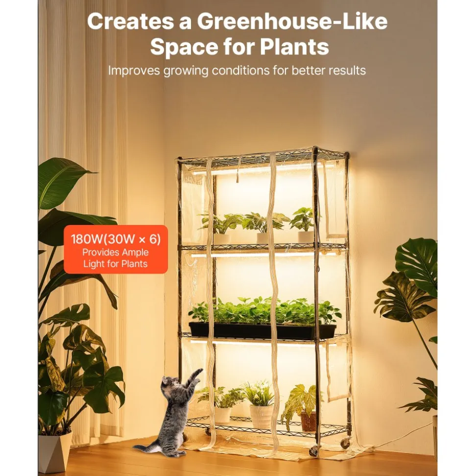 VEVOR Indoor Greenhouse with Grow Light, 59 in Tall 4-Tier Plant Stand with Clear Cover, Timer & Hygrometer, 180W Full Spectrum Grow Lights, Metal Lighted Plants Shelf Holder for Indoor Plants