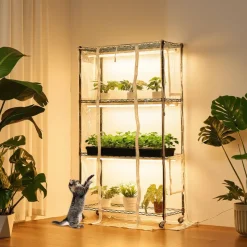VEVOR Indoor Greenhouse with Grow Light, 59 in Tall 4-Tier Plant Stand with Clear Cover, Timer & Hygrometer, 180W Full Spectrum Grow Lights, Metal Lighted Plants Shelf Holder for Indoor Plants