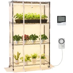 VEVOR Indoor Greenhouse with Grow Light, 59 in Tall 4-Tier Plant Stand with Clear Cover, Timer & Hygrometer, 180W Full Spectrum Grow Lights, Metal Lighted Plants Shelf Holder for Indoor Plants