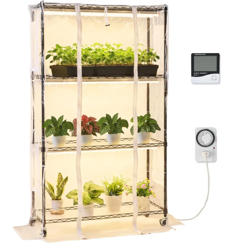 VEVOR Indoor Greenhouse with Grow Light, 59 in Tall 4-Tier Plant Stand with Clear Cover, Timer & Hygrometer, 180W Full Spectrum Grow Lights, Metal Lighted Plants Shelf Holder for Indoor Plants