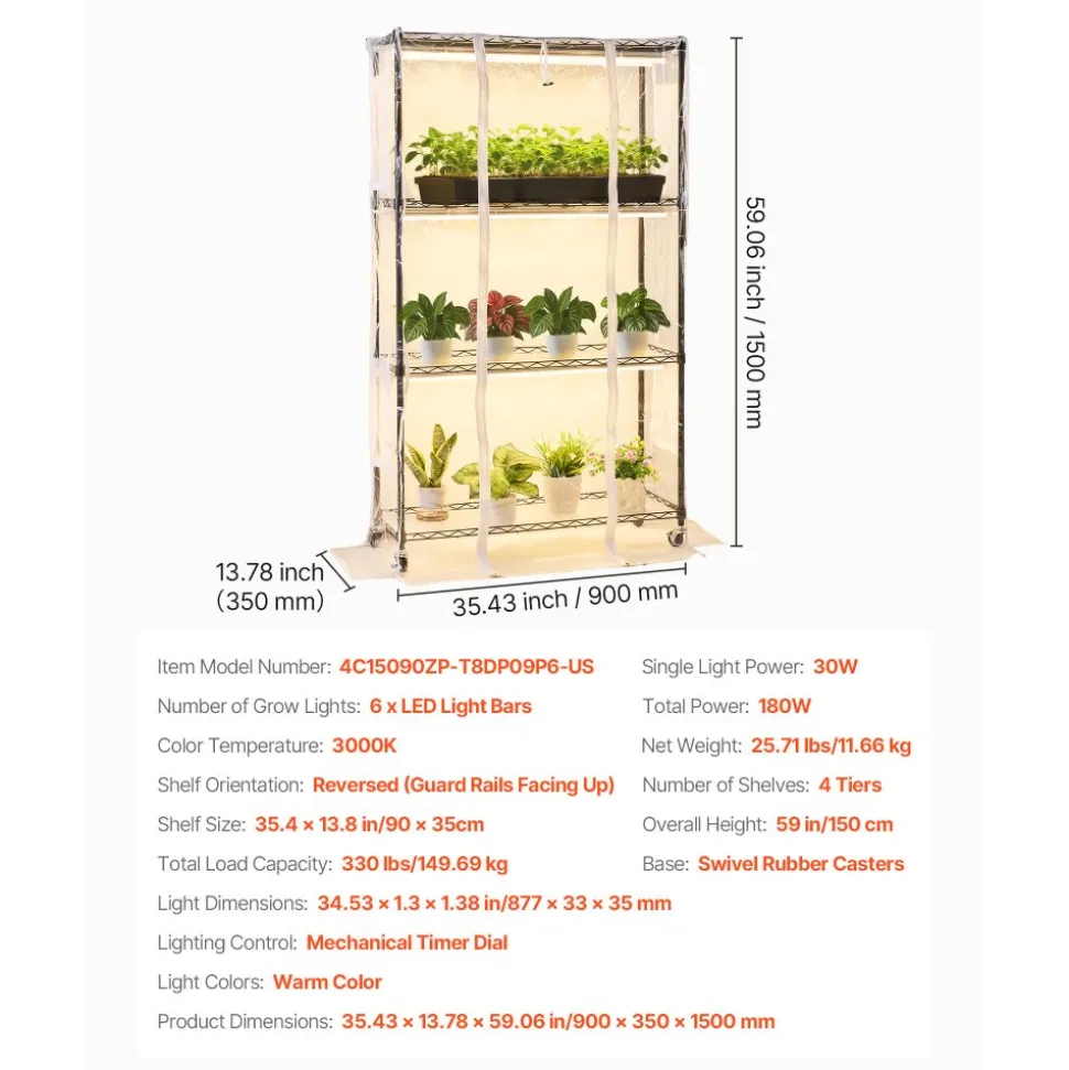 VEVOR Indoor Greenhouse with Grow Light, 59 in Tall 4-Tier Plant Stand with Clear Cover, Timer & Hygrometer, 180W Full Spectrum Grow Lights, Metal Lighted Plants Shelf Holder for Indoor Plants