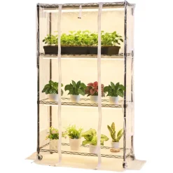 VEVOR Indoor Greenhouse with Grow Light, 59 in Tall 4-Tier Plant Stand with Clear Cover, Timer & Hygrometer, 180W Full Spectrum Grow Lights, Metal Lighted Plants Shelf Holder for Indoor Plants