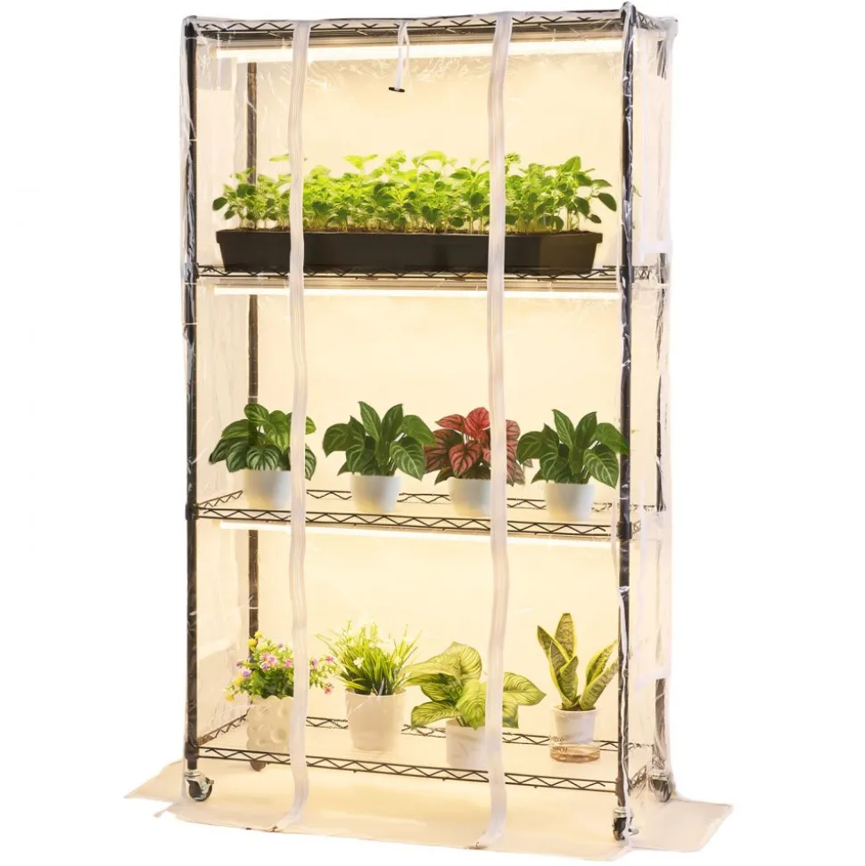 VEVOR Indoor Greenhouse with Grow Light, 59 in Tall 4-Tier Plant Stand with Clear Cover, Timer & Hygrometer, 180W Full Spectrum Grow Lights, Metal Lighted Plants Shelf Holder for Indoor Plants