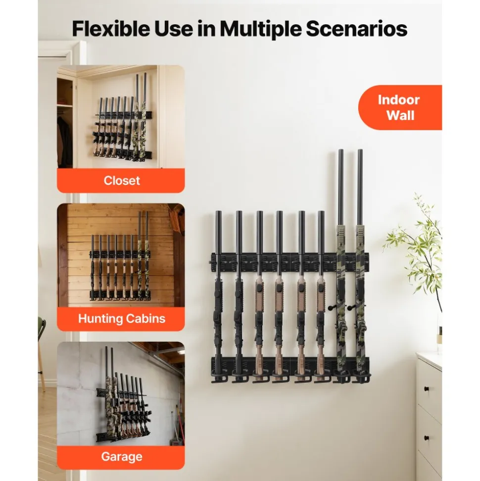 VEVOR Indoor Gun Rack, Heavy Duty Steel, Wall Mount Rifle and Shotgun Rack, 8 Slots for Long Guns, Gun Display Rifle Storage Holder with Screws, for Home Garage Office Retail Shop Hunting Cabin Wall