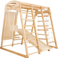 VEVOR Indoor Jungle Gym, 7-in-1 Toddler Indoor Playground, Wooden Toddler Climbing Toys Indoor with Wood & Rope Ladder, Net Ladder, Swing, Monkey Bar, Slide, Climbing Wall, 43 x 47.2 x 47in