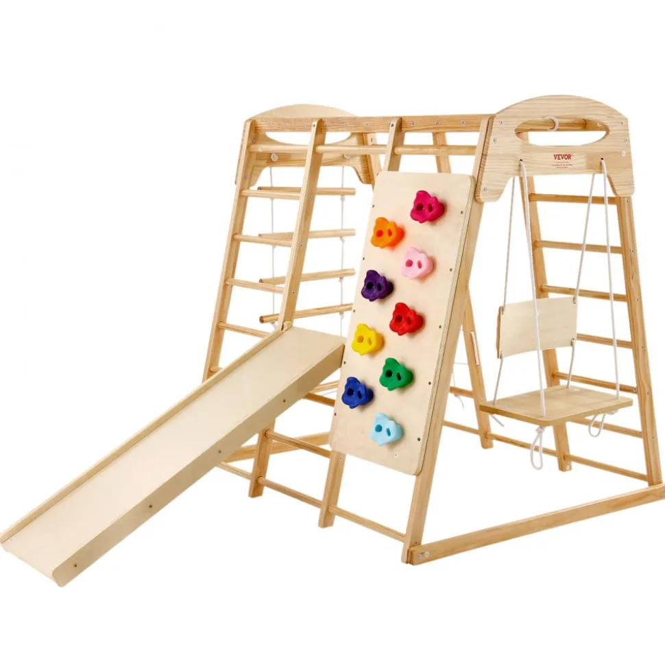 VEVOR Indoor Jungle Gym, 7-in-1 Toddler Indoor Playground, Wooden Toddler Climbing Toys Indoor with Wood & Rope Ladder, Net Ladder, Swing, Monkey Bar, Slide, Climbing Wall, 43 x 47.2 x 47in