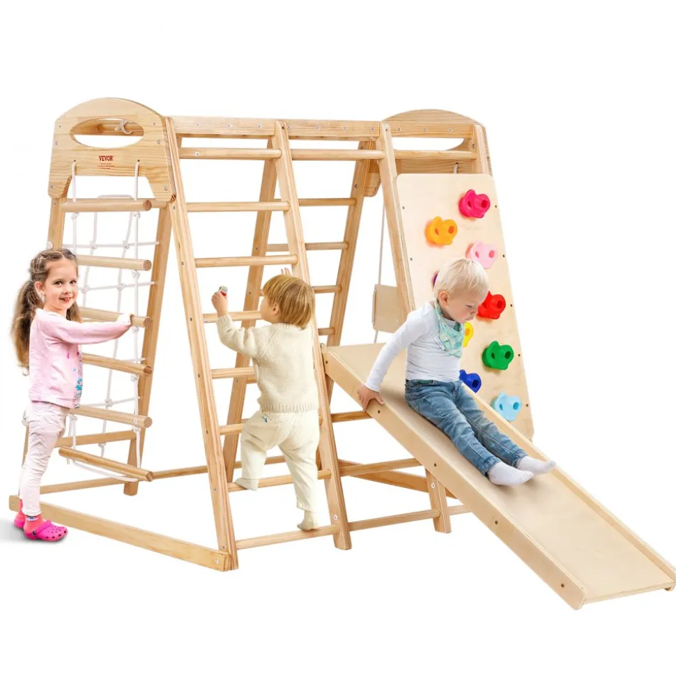 VEVOR Indoor Jungle Gym, 7-in-1 Toddler Indoor Playground, Wooden Toddler Climbing Toys Indoor with Wood & Rope Ladder, Net Ladder, Swing, Monkey Bar, Slide, Climbing Wall, 43 x 47.2 x 47in