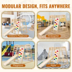 VEVOR Indoor Jungle Gym, 7-in-1 Toddler Indoor Playground, Wooden Toddler Climbing Toys Indoor with Wood & Rope Ladder, Net Ladder, Swing, Monkey Bar, Slide, Climbing Wall, 43 x 47.2 x 47in
