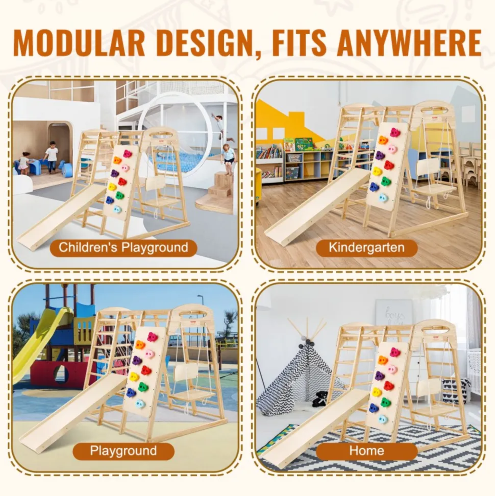 VEVOR Indoor Jungle Gym, 7-in-1 Toddler Indoor Playground, Wooden Toddler Climbing Toys Indoor with Wood & Rope Ladder, Net Ladder, Swing, Monkey Bar, Slide, Climbing Wall, 43 x 47.2 x 47in