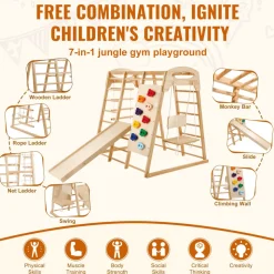 VEVOR Indoor Jungle Gym, 7-in-1 Toddler Indoor Playground, Wooden Toddler Climbing Toys Indoor with Wood & Rope Ladder, Net Ladder, Swing, Monkey Bar, Slide, Climbing Wall, 43 x 47.2 x 47in