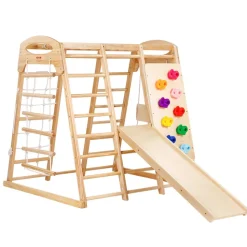 VEVOR Indoor Jungle Gym, 7-in-1 Toddler Indoor Playground, Wooden Toddler Climbing Toys Indoor with Wood & Rope Ladder, Net Ladder, Swing, Monkey Bar, Slide, Climbing Wall, 43 x 47.2 x 47in