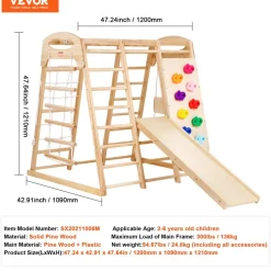 VEVOR Indoor Jungle Gym, 7-in-1 Toddler Indoor Playground, Wooden Toddler Climbing Toys Indoor with Wood & Rope Ladder, Net Ladder, Swing, Monkey Bar, Slide, Climbing Wall, 43 x 47.2 x 47in