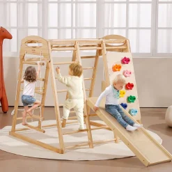 VEVOR Indoor Jungle Gym, 7-in-1 Toddler Indoor Playground, Wooden Toddler Climbing Toys Indoor with Wood & Rope Ladder, Net Ladder, Swing, Monkey Bar, Slide, Climbing Wall, 43 x 47.2 x 47in