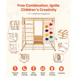 VEVOR Indoor Jungle Gym, 7-in-1 Toddler Indoor Playground, 43 x 47.2 x 47 inch, with Wood and Rope Ladder, Net Ladder, Swing, Monkey Bar, Slide, Climbing Wall, Wooden Indoor Climbing Toys for Kids