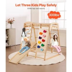 VEVOR Indoor Jungle Gym, 7-in-1 Toddler Indoor Playground, 43 x 47.2 x 47 inch, with Wood and Rope Ladder, Net Ladder, Swing, Monkey Bar, Slide, Climbing Wall, Wooden Indoor Climbing Toys for Kids