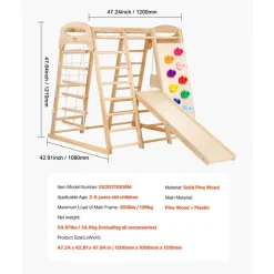 VEVOR Indoor Jungle Gym, 7-in-1 Toddler Indoor Playground, 43 x 47.2 x 47 inch, with Wood and Rope Ladder, Net Ladder, Swing, Monkey Bar, Slide, Climbing Wall, Wooden Indoor Climbing Toys for Kids