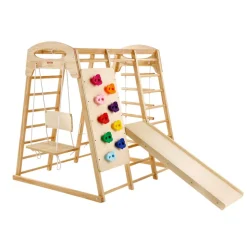 VEVOR Indoor Jungle Gym, 7-in-1 Toddler Indoor Playground, 43 x 47.2 x 47 inch, with Wood and Rope Ladder, Net Ladder, Swing, Monkey Bar, Slide, Climbing Wall, Wooden Indoor Climbing Toys for Kids