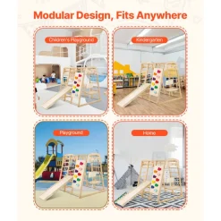 VEVOR Indoor Jungle Gym, 7-in-1 Toddler Indoor Playground, 43 x 47.2 x 47 inch, with Wood and Rope Ladder, Net Ladder, Swing, Monkey Bar, Slide, Climbing Wall, Wooden Indoor Climbing Toys for Kids