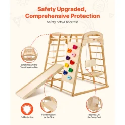 VEVOR Indoor Jungle Gym, 7-in-1 Toddler Indoor Playground, 43 x 47.2 x 47 inch, with Wood and Rope Ladder, Net Ladder, Swing, Monkey Bar, Slide, Climbing Wall, Wooden Indoor Climbing Toys for Kids