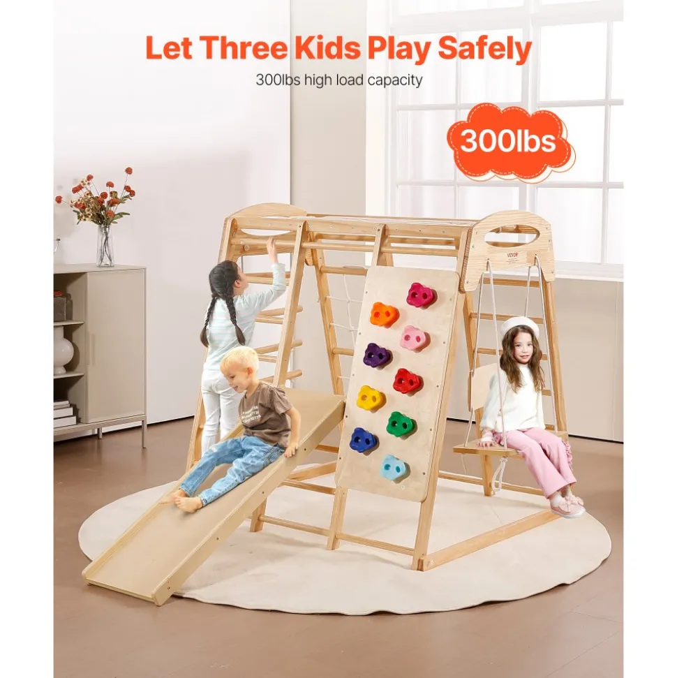 VEVOR Indoor Jungle Gym, 7-in-1 Toddler Indoor Playground, 47.2 x 58 x 56 inch, with Wood and Rope Ladder, Net Ladder, Swing, Monkey Bar, Slide, Climbing Wall, Wooden Indoor Climbing Toys for Kids