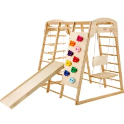 VEVOR Indoor Jungle Gym, 7-in-1 Toddler Indoor Playground, 47.2 x 58 x 56 inch, with Wood and Rope Ladder, Net Ladder, Swing, Monkey Bar, Slide, Climbing Wall, Wooden Indoor Climbing Toys for Kids
