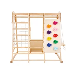 VEVOR Indoor Jungle Gym, 7-in-1 Toddler Indoor Playground, 47.2 x 58 x 56 inch, with Wood and Rope Ladder, Net Ladder, Swing, Monkey Bar, Slide, Climbing Wall, Wooden Indoor Climbing Toys for Kids