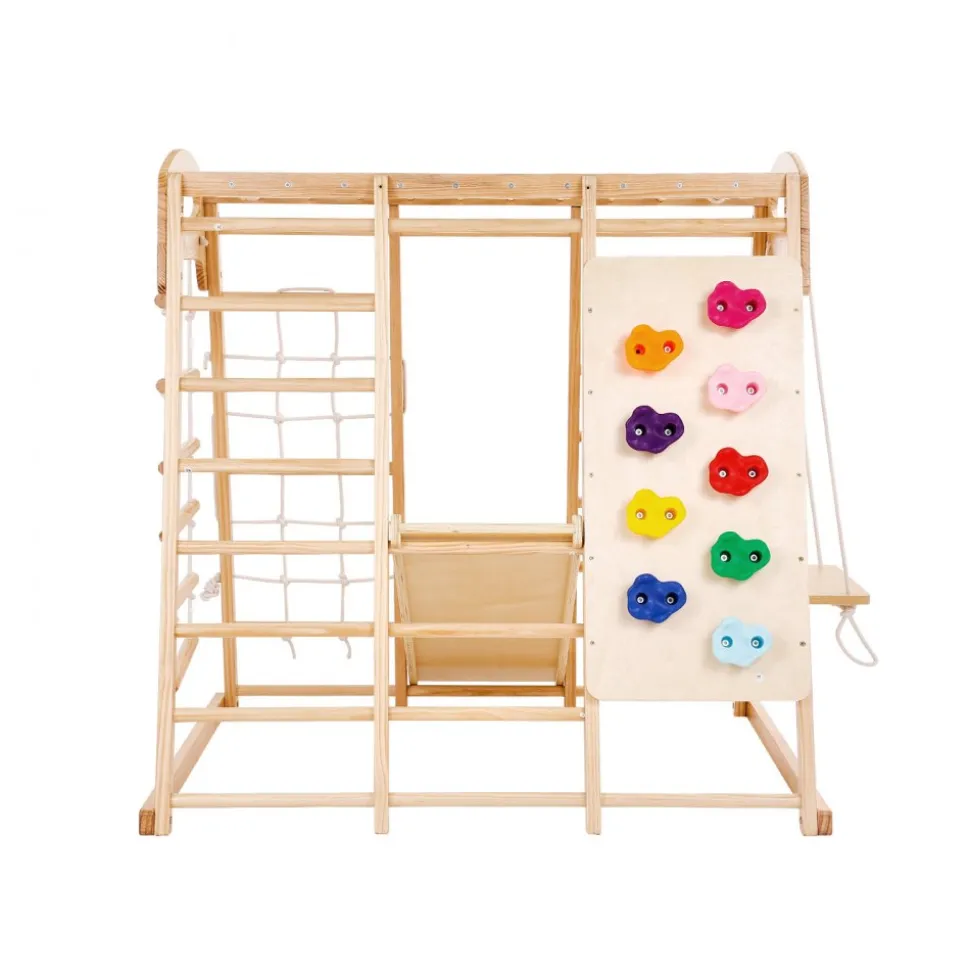 VEVOR Indoor Jungle Gym, 7-in-1 Toddler Indoor Playground, 47.2 x 58 x 56 inch, with Wood and Rope Ladder, Net Ladder, Swing, Monkey Bar, Slide, Climbing Wall, Wooden Indoor Climbing Toys for Kids