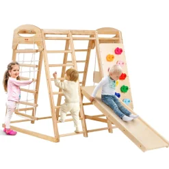 VEVOR Indoor Jungle Gym, 7-in-1 Toddler Indoor Playground, 47.2 x 58 x 56 inch, with Wood and Rope Ladder, Net Ladder, Swing, Monkey Bar, Slide, Climbing Wall, Wooden Indoor Climbing Toys for Kids