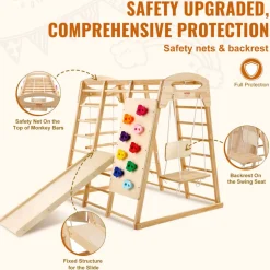 VEVOR Indoor Jungle Gym, 7-in-1 Toddler Indoor Playground, Wooden Toddler Climbing Toys Indoor with Wood & Rope Ladder, Net Ladder, Swing, Monkey Bar, Slide, Climbing Wall, 47.2 x 58 x 56in