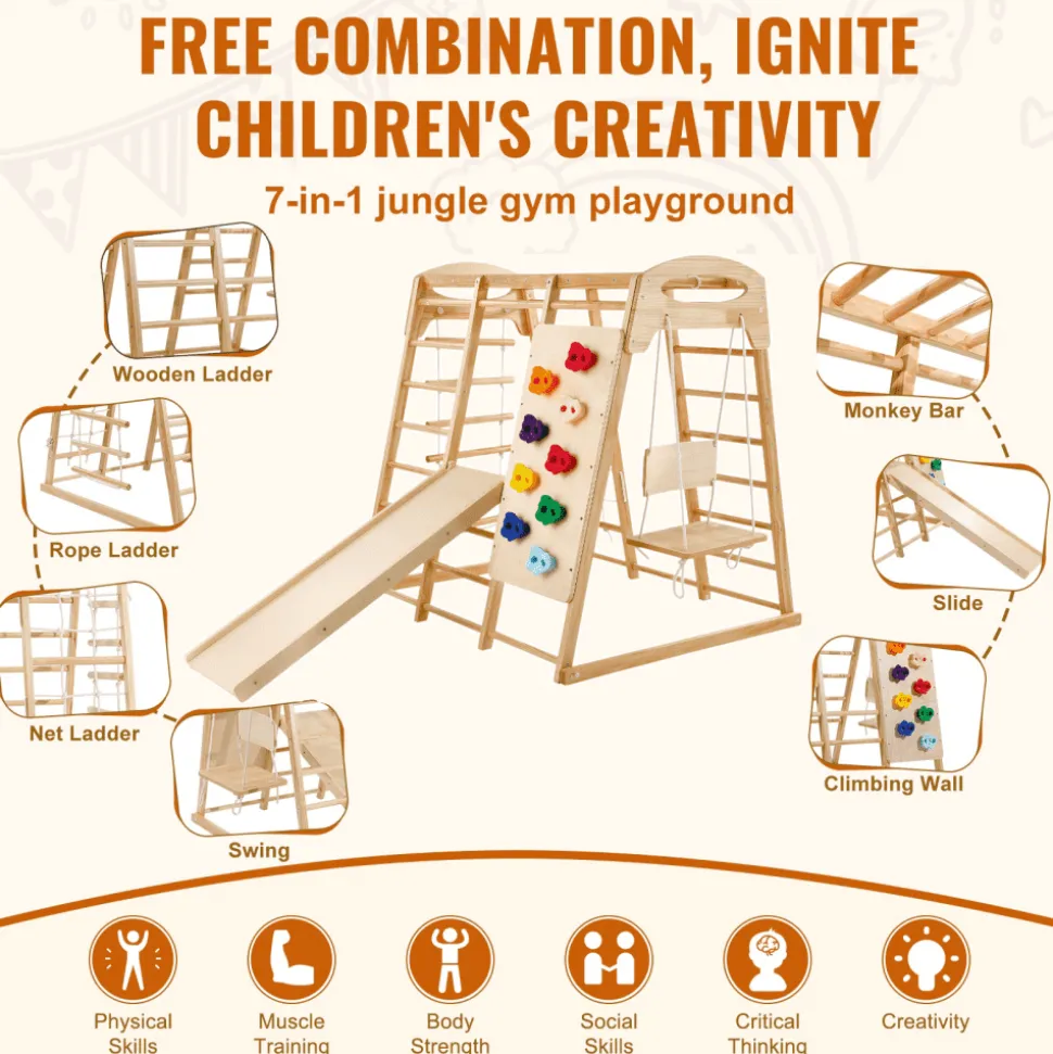 VEVOR Indoor Jungle Gym, 7-in-1 Toddler Indoor Playground, Wooden Toddler Climbing Toys Indoor with Wood & Rope Ladder, Net Ladder, Swing, Monkey Bar, Slide, Climbing Wall, 47.2 x 58 x 56in