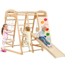VEVOR Indoor Jungle Gym, 7-in-1 Toddler Indoor Playground, Wooden Toddler Climbing Toys Indoor with Wood & Rope Ladder, Net Ladder, Swing, Monkey Bar, Slide, Climbing Wall, 47.2 x 58 x 56in