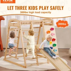 VEVOR Indoor Jungle Gym, 7-in-1 Toddler Indoor Playground, Wooden Toddler Climbing Toys Indoor with Wood & Rope Ladder, Net Ladder, Swing, Monkey Bar, Slide, Climbing Wall, 47.2 x 58 x 56in