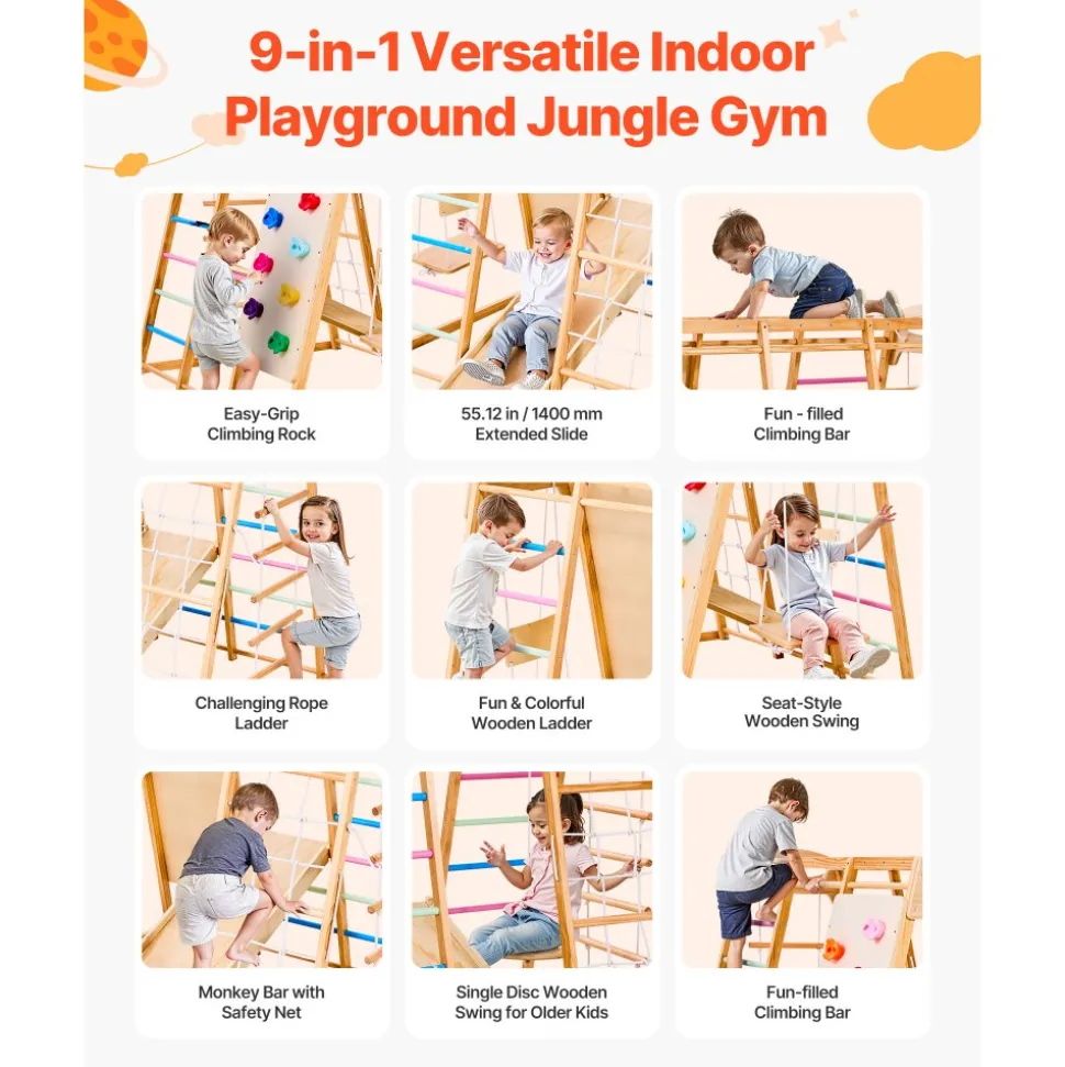 VEVOR Indoor Playground Jungle Gym, 9-in-1 Montessori Climbing Toys for Toddlers, 250LBS Wooden Indoor Playground Playset with Monkey Bar, Swings, Slide, Rope / Wooden Ladder, Climbing Net, Bar & Rock