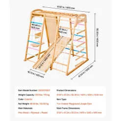 VEVOR Indoor Playground Jungle Gym, 9-in-1 Montessori Climbing Toys for Toddlers, 250LBS Wooden Indoor Playground Playset with Monkey Bar, Swings, Slide, Rope / Wooden Ladder, Climbing Net, Bar & Rock