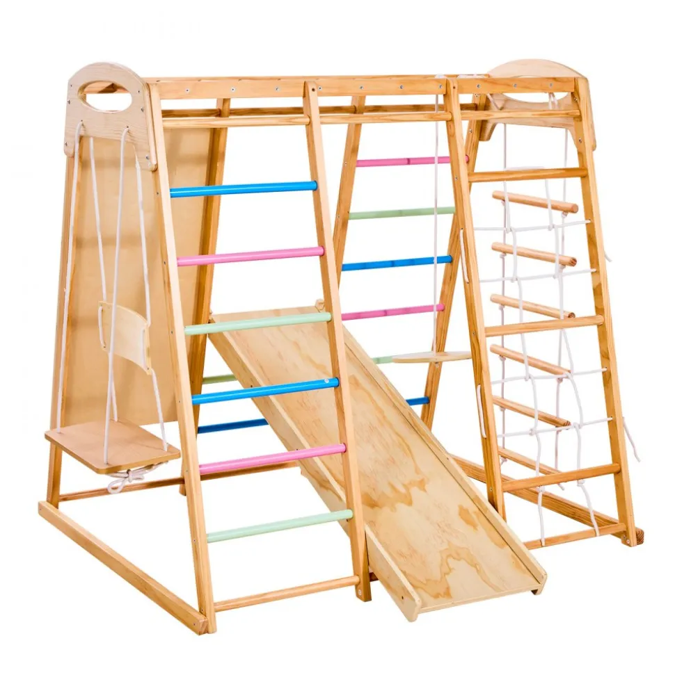 VEVOR Indoor Playground Jungle Gym, 9-in-1 Montessori Climbing Toys for Toddlers, 250LBS Wooden Indoor Playground Playset with Monkey Bar, Swings, Slide, Rope / Wooden Ladder, Climbing Net, Bar & Rock