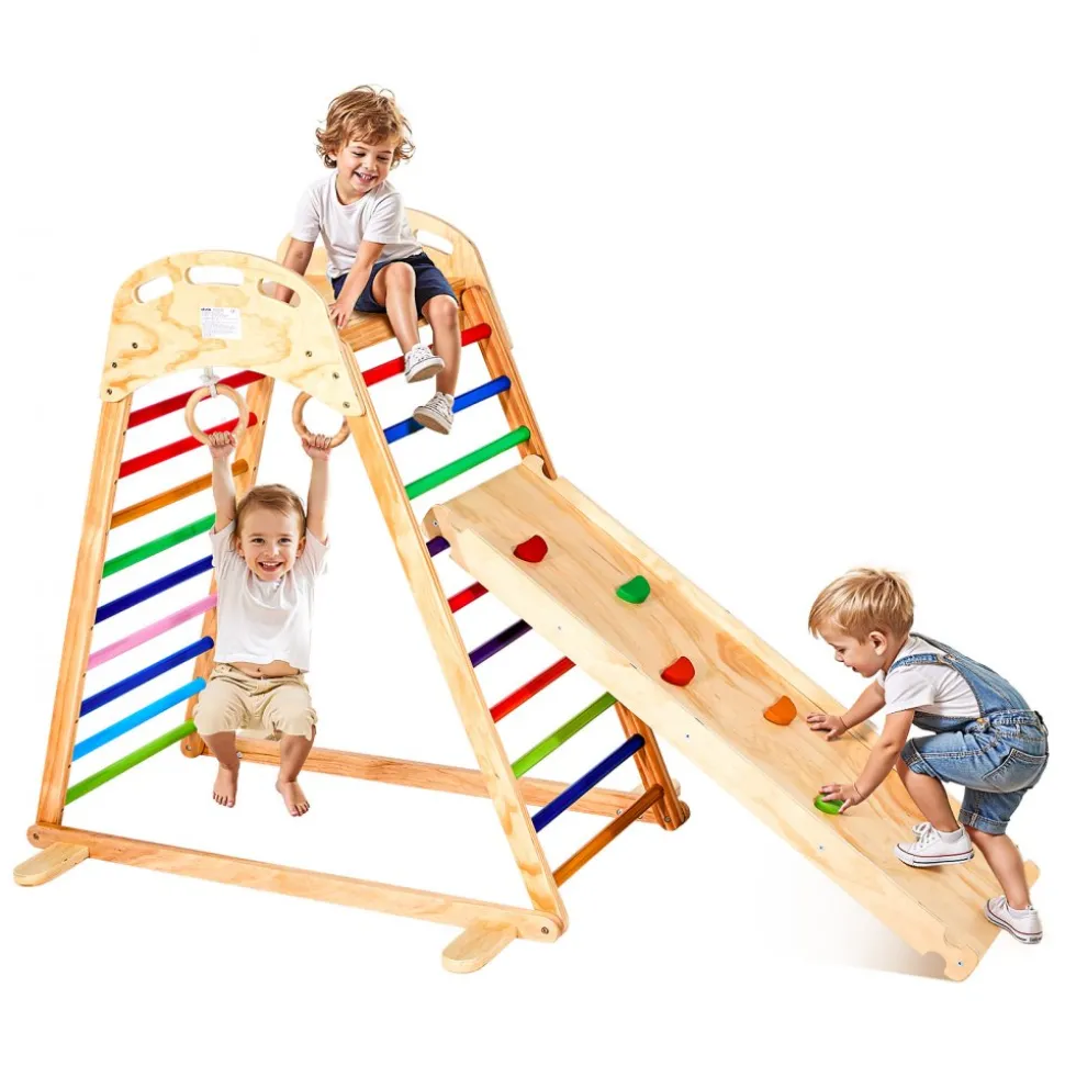 VEVOR Indoor Playground Jungle Gym, 4-in-1 Wooden Indoor Playground Climbing Toys for Kids, Montessori Toddlers Climber Playset with Climbing Rock, Slide, Wooden Ladder & Gym Rings, 220LBS Loading