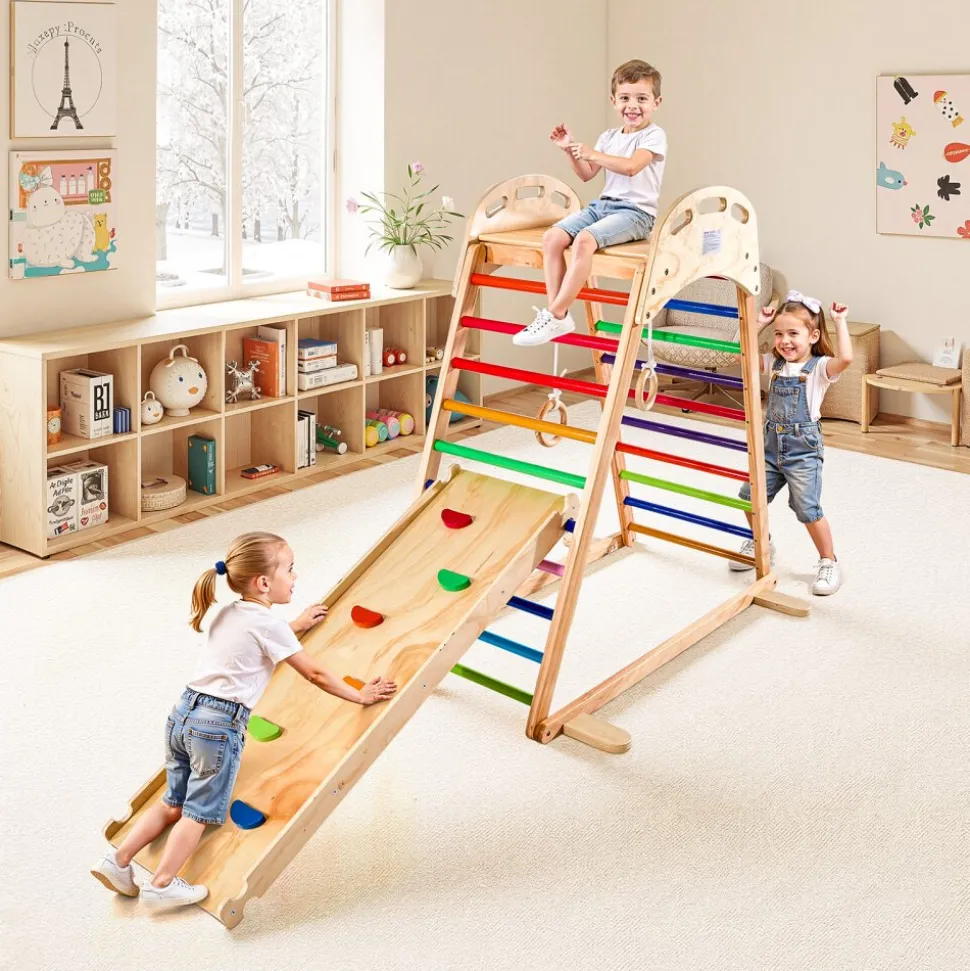 VEVOR Indoor Playground Jungle Gym, 4-in-1 Wooden Indoor Playground Climbing Toys for Kids, Montessori Toddlers Climber Playset with Climbing Rock, Slide, Wooden Ladder & Gym Rings, 220LBS Loading