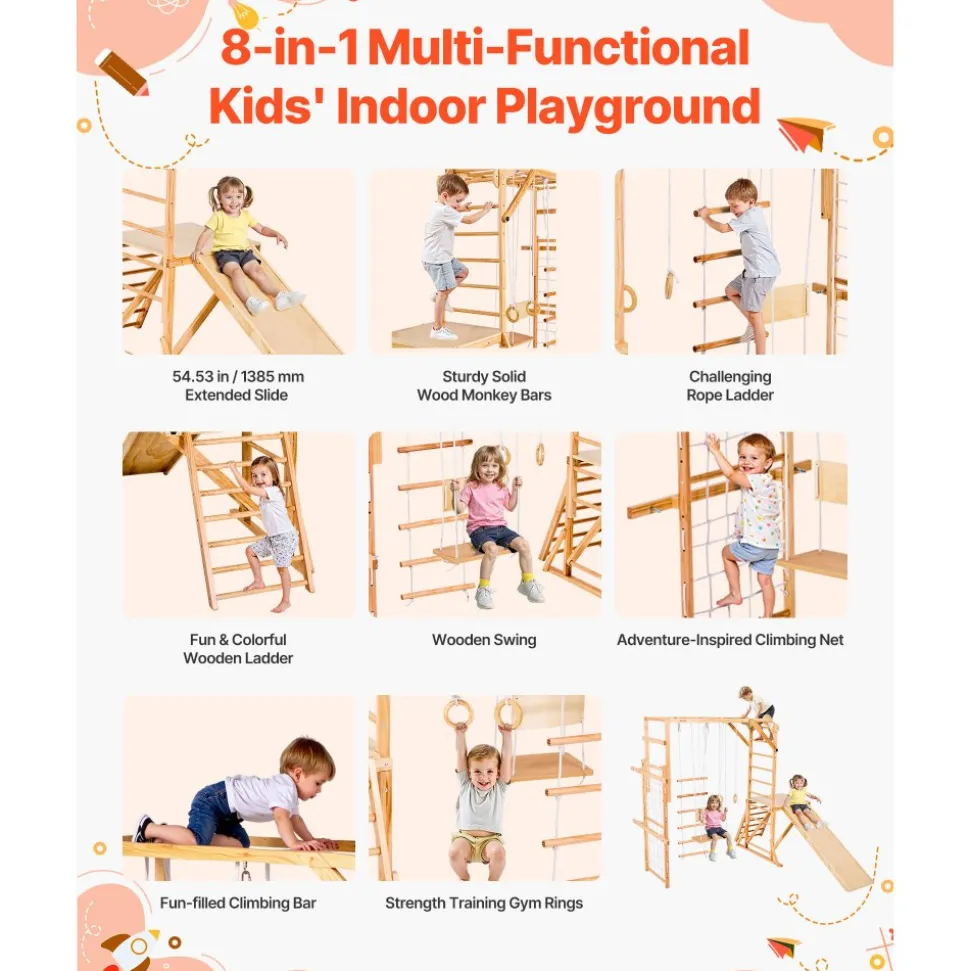 VEVOR Indoor Playground Jungle Gym, 8-in-1 Wooden Indoor Playground for Kids, 220LBS Montessori Climbing Toys Playset with Slide, Swing, Monkey Bar, Gym Rings, Wooden / Rope Ladder, Climbing Net & Bar