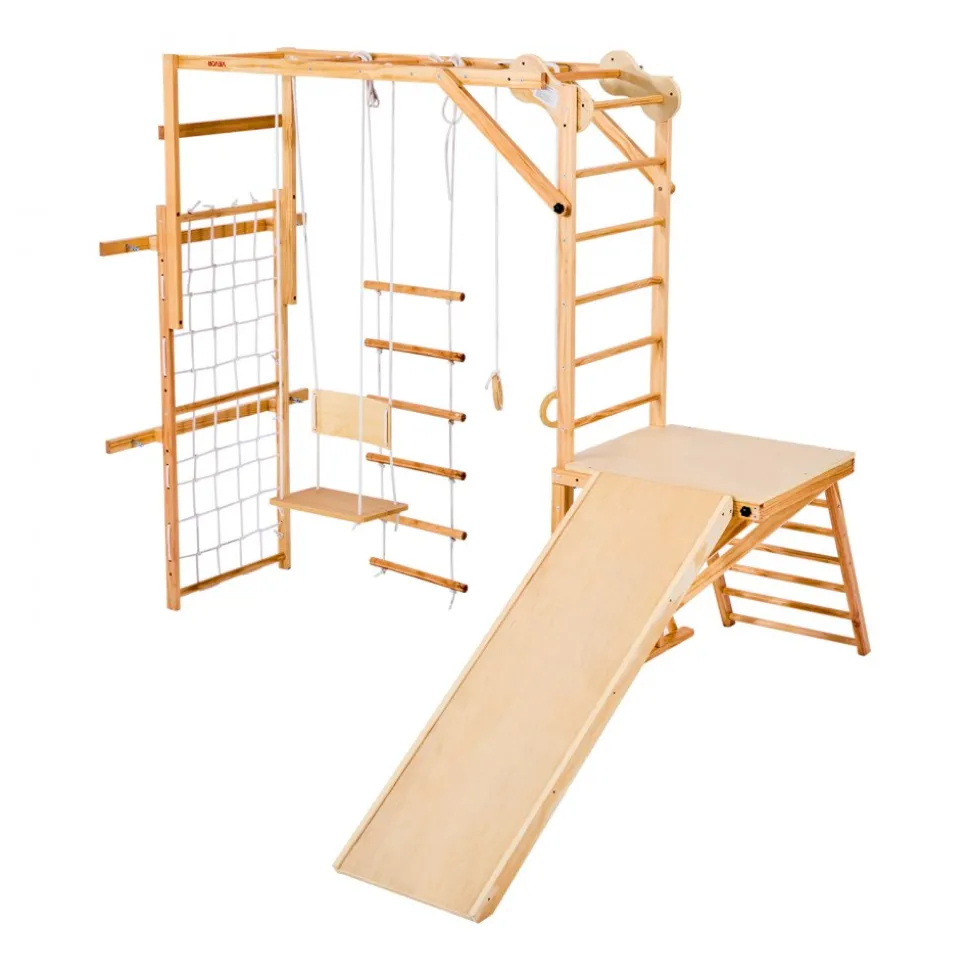 VEVOR Indoor Playground Jungle Gym, 8-in-1 Wooden Indoor Playground for Kids, 220LBS Montessori Climbing Toys Playset with Slide, Swing, Monkey Bar, Gym Rings, Wooden / Rope Ladder, Climbing Net & Bar