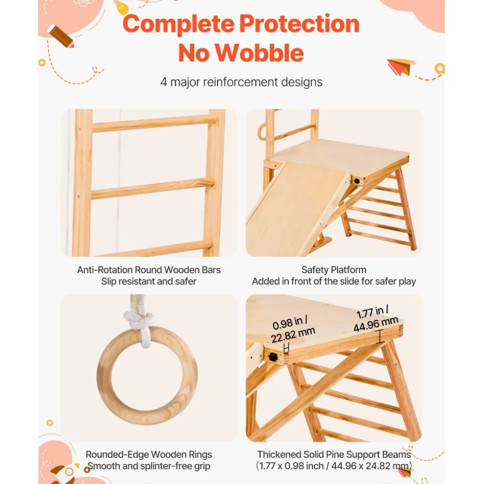 VEVOR Indoor Playground Jungle Gym, 8-in-1 Wooden Indoor Playground for Kids, 220LBS Montessori Climbing Toys Playset with Slide, Swing, Monkey Bar, Gym Rings, Wooden / Rope Ladder, Climbing Net & Bar