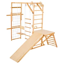 VEVOR Indoor Playground Jungle Gym, 8-in-1 Wooden Indoor Playground for Kids, 220LBS Montessori Climbing Toys Playset with Slide, Swing, Monkey Bar, Gym Rings, Wooden / Rope Ladder, Climbing Net & Bar