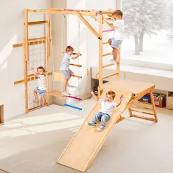 VEVOR Indoor Playground Jungle Gym, 7-in-1 Wooden Indoor Playground for Kids, 250LBS Montessori Climbing Toys Playset with Swing, Monkey Bar, Slide, Wooden Ladder, Rope Ladder, Climbing Net & Rock