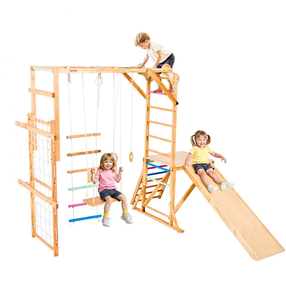 VEVOR Indoor Playground Jungle Gym, 7-in-1 Wooden Indoor Playground for Kids, 250LBS Montessori Climbing Toys Playset with Swing, Monkey Bar, Slide, Wooden Ladder, Rope Ladder, Climbing Net & Rock