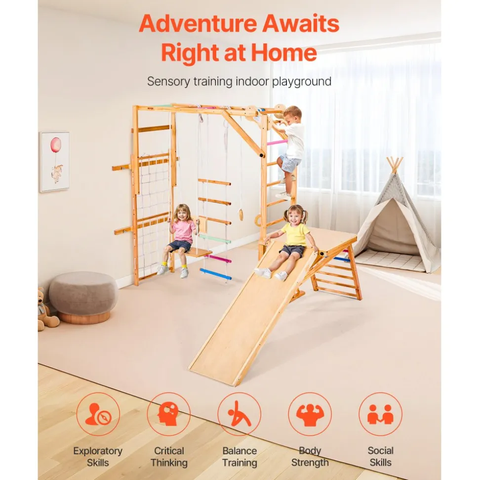 VEVOR Indoor Playground Jungle Gym, 7-in-1 Wooden Indoor Playground for Kids, 250LBS Montessori Climbing Toys Playset with Swing, Monkey Bar, Slide, Wooden Ladder, Rope Ladder, Climbing Net & Rock