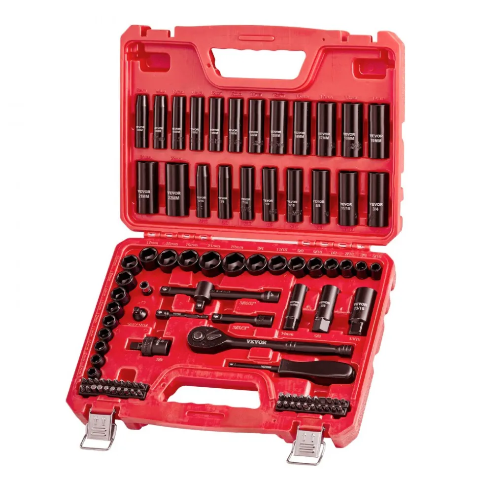 VEVOR 1 in Drive Impact Socket Set, 21 Piece, 6 Point Shallow Impact Sockets, SAE (1-5/8 in to 3-1/8 in), with 8 in & 18 in Extension Bars, 24 in Ratchet, Cr-V Steel, Size Marking, and Carrying Case
